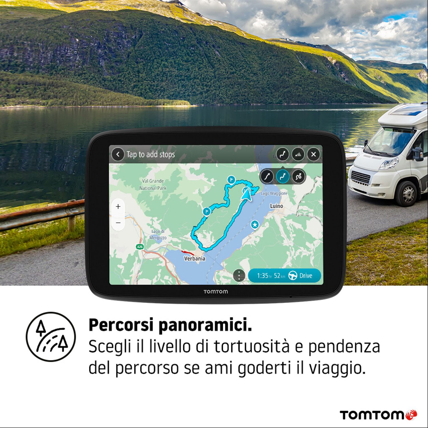 Dispositivo GPS che mostra una mappa con un percorso segnato. Un camper è parcheggiato a destra dello schermo.