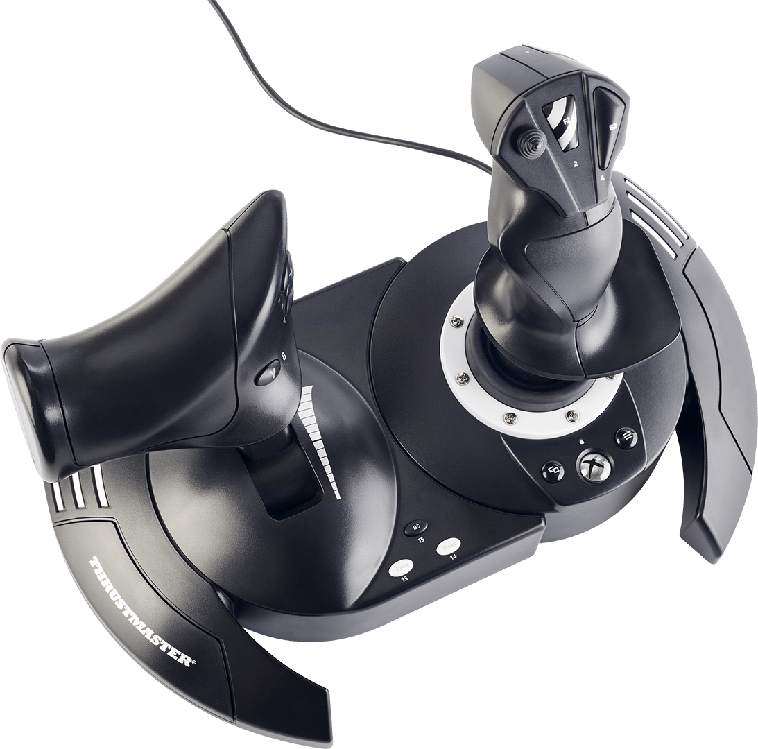 Joystick Thrustmaster, nero, con controllo acceleratore, base nera.