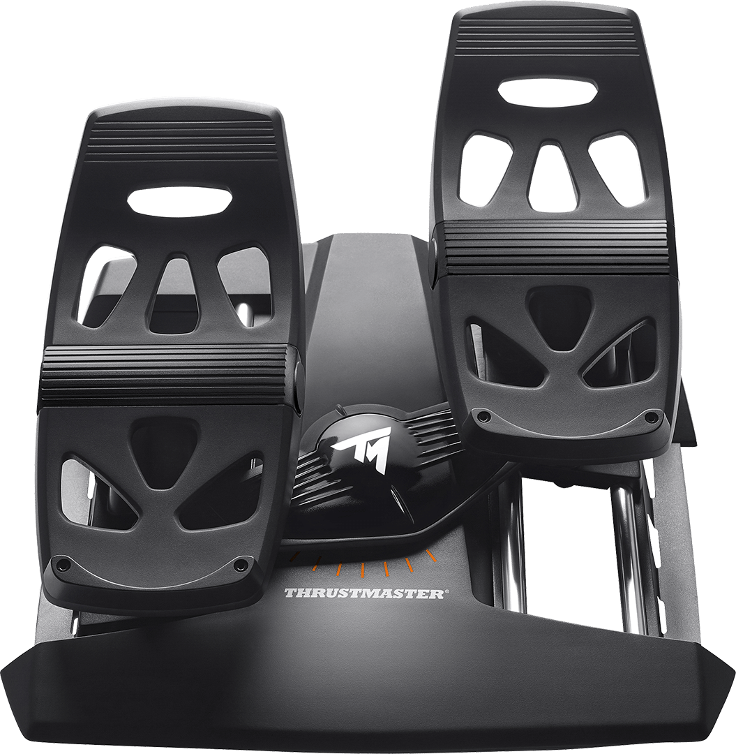 Pedali di volo neri con poggiapiedi e logo Thrustmaster su base nera.