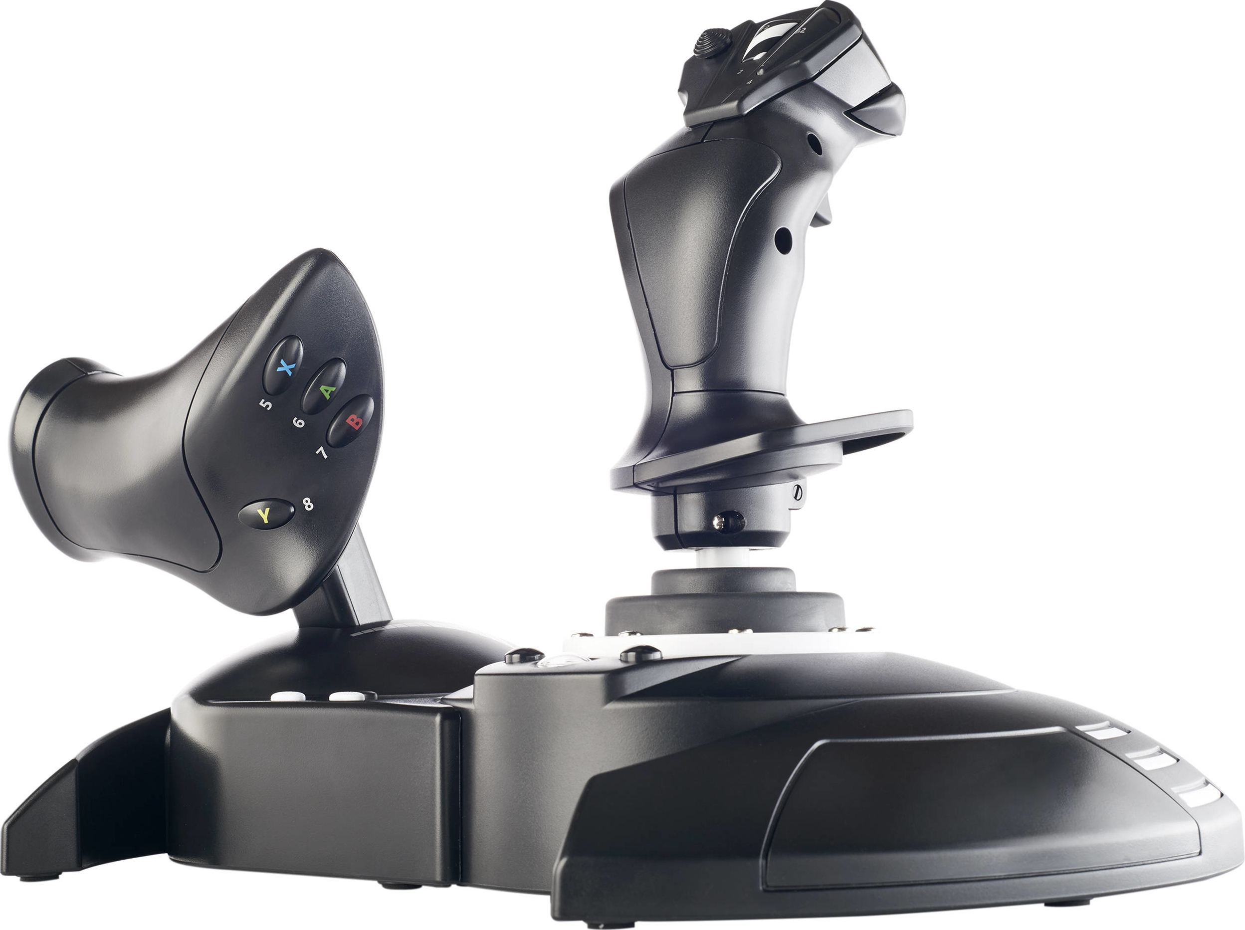 Controller joystick nero per simulazione di volo, con pulsanti a sinistra e un joystick a destra.