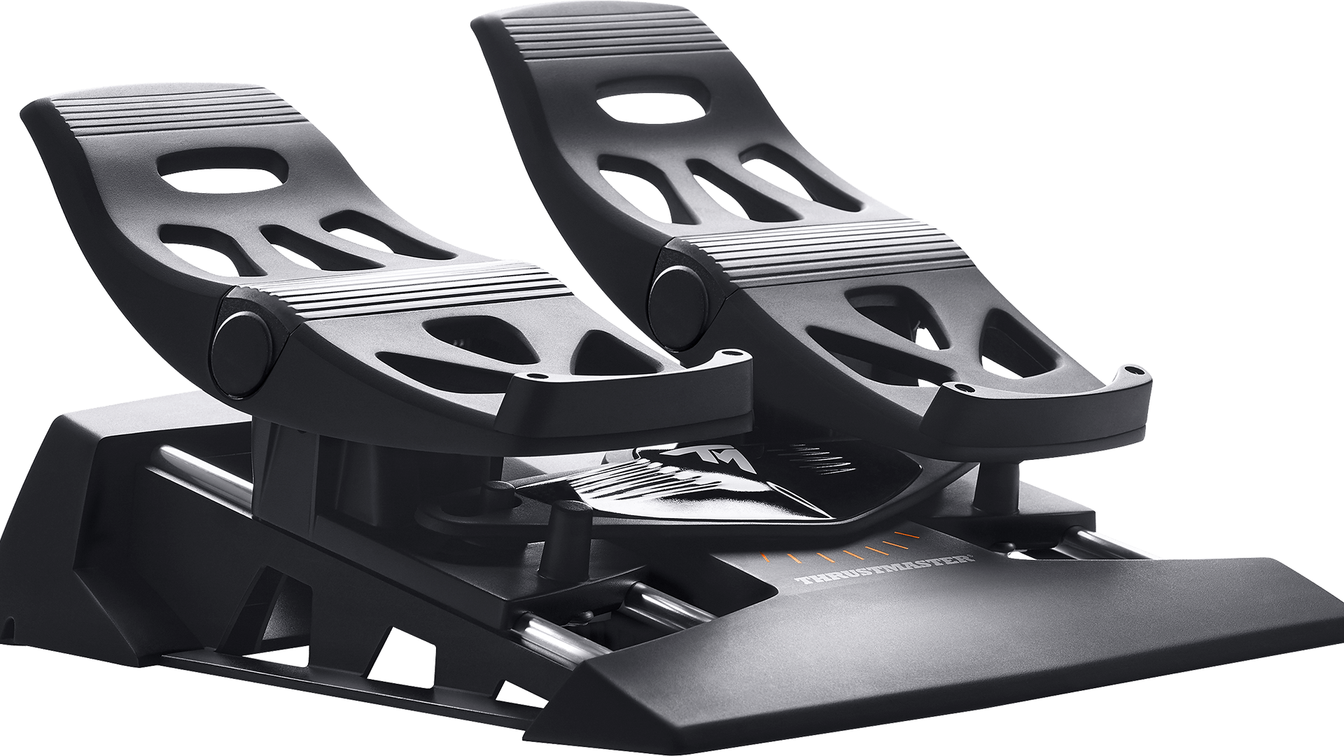 Pedali neri per simulatore di volo Thrustmaster su sfondo bianco. Due pedali con base nera.