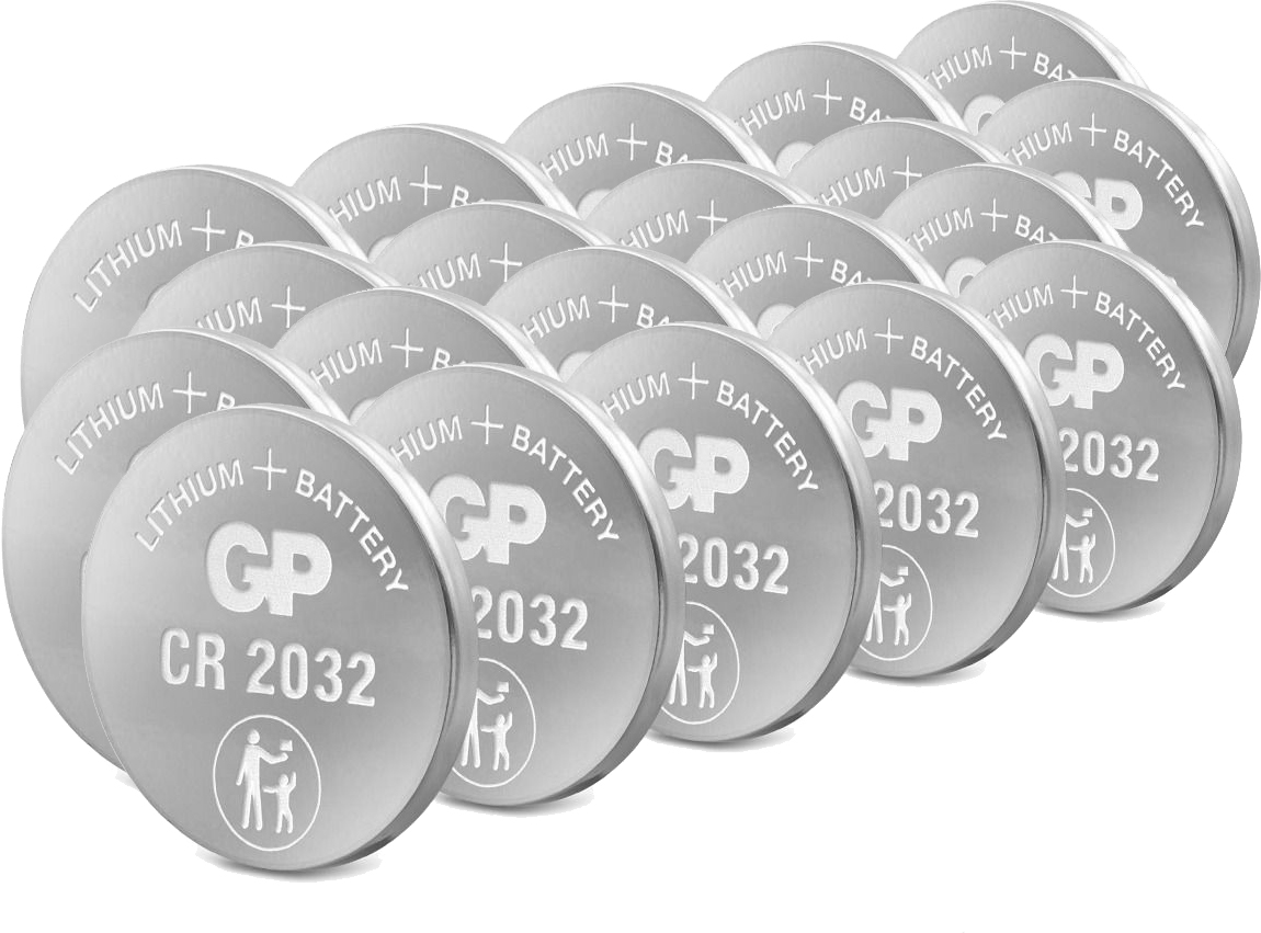 Een groep van 16 lithium knoopcelbatterijen. Elke batterij heeft de tekst 'CR 2032'.