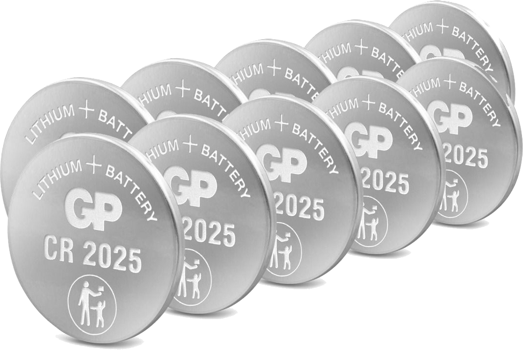Tien zilveren CR2025 batterijen. Witte achtergrond. Kleine tekst en een logo.