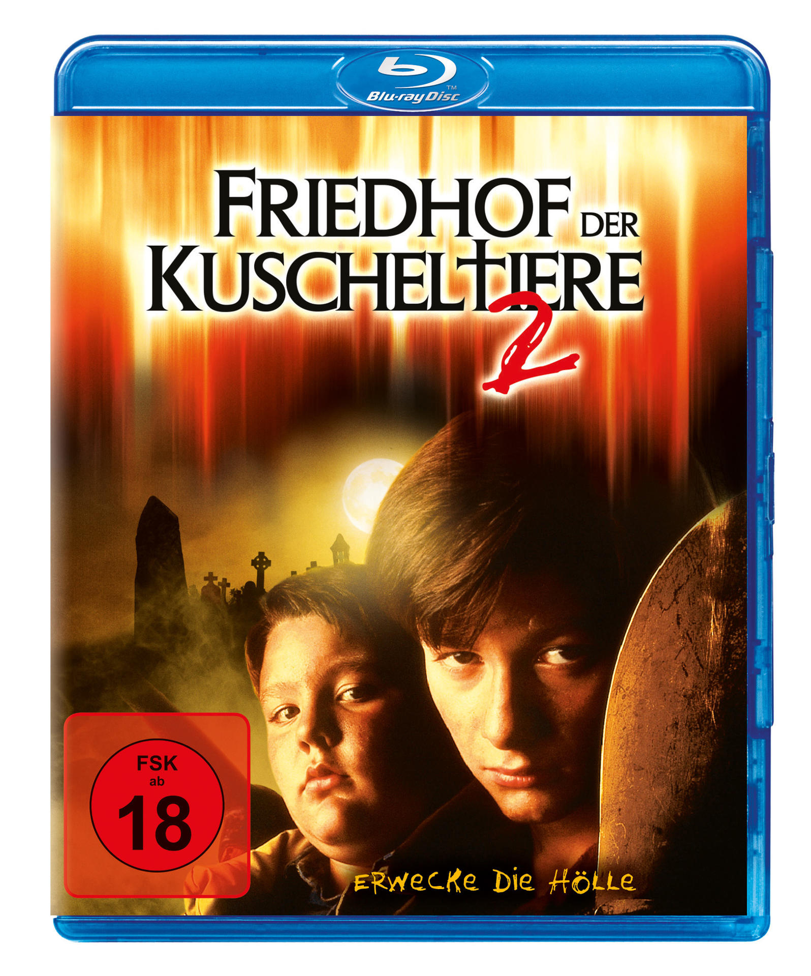Friedhof der Kuscheltiere 2 Blu-ray Cover. Zwei Jungen auf dunklem Hintergrund. Horror-Thema.
