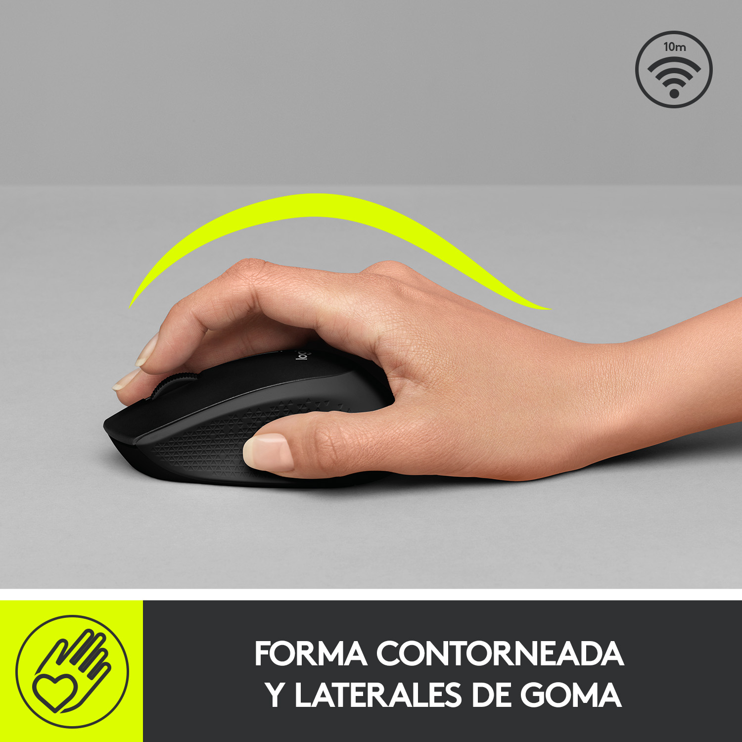 Una mano usando un ratón negro, con una línea curva amarilla y texto en español.