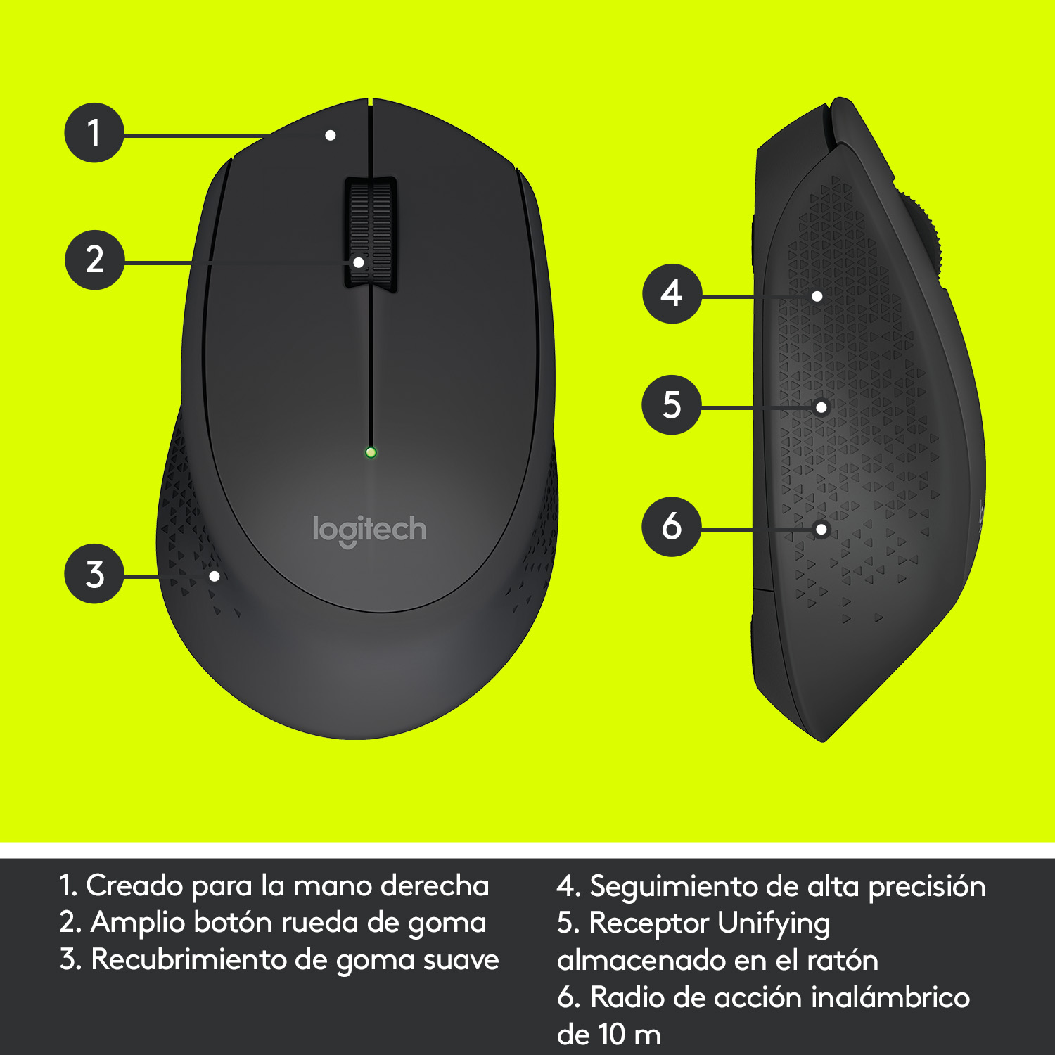Ratón Logitech con etiquetas. Diseño para diestros, rueda de goma y botones laterales. Fondo negro y verde lima.