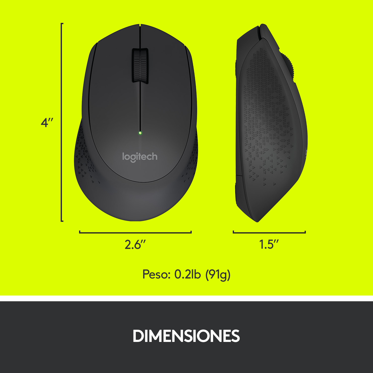 Ratón Logitech negro, con dimensiones y la palabra 'DIMENSIONES'.