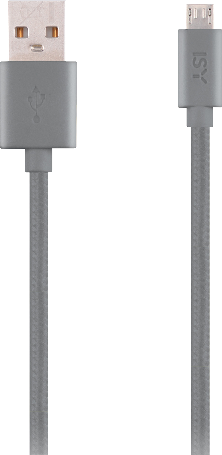 A gray USB cable with USB and micro-USB connectors, both with the 'iSy' logo on the micro-USB end.