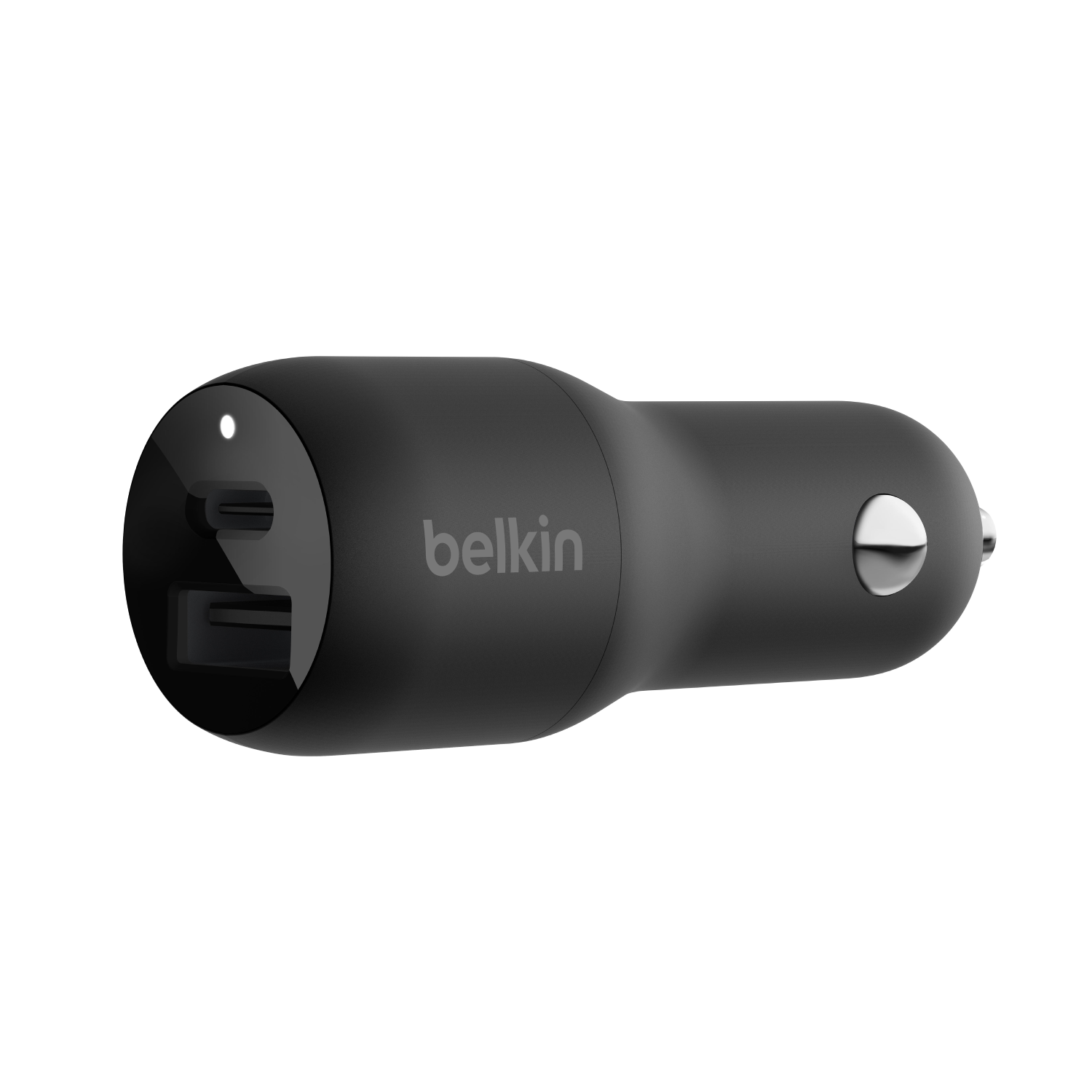 Black Belkin car charger, two USB ports, on a white background.