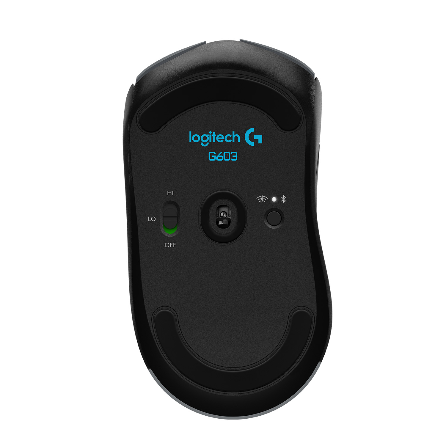 Vista inferior de un ratón gaming negro. Muestra botones, un interruptor y el logotipo de Logitech G.
