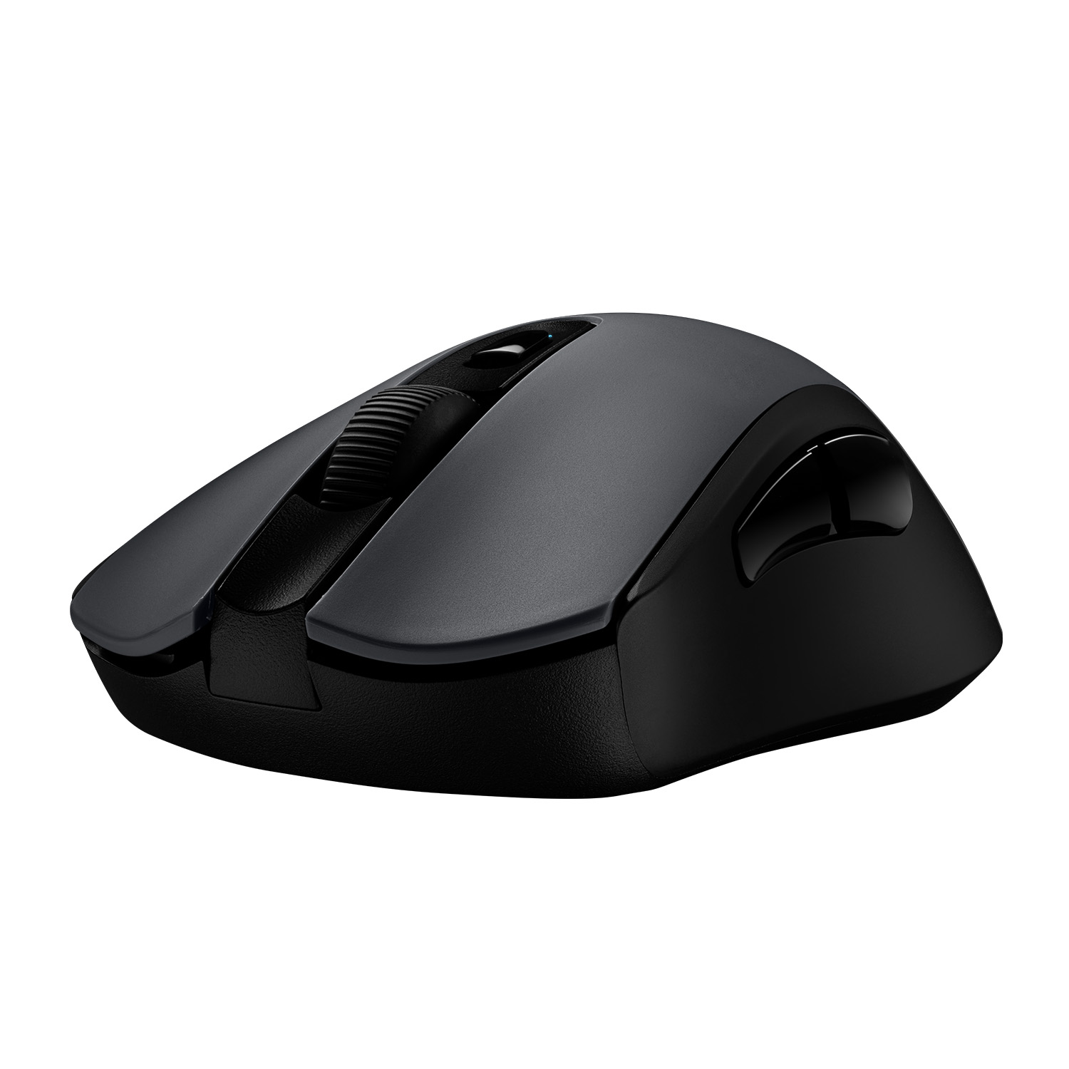 Un ratón de ordenador negro con rueda de desplazamiento y botones laterales, diseño simple.
