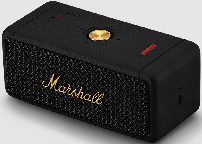 Black Marshall speaker with gold logo and red indicator lights.