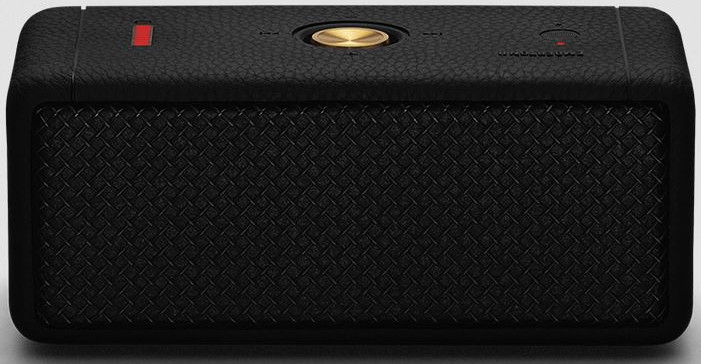 Black Marshall speaker. Black leather texture and front grill. Red power light.