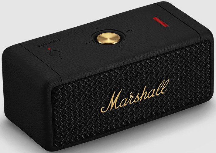Black Marshall speaker with gold Marshall logo. The speaker is leather-like.