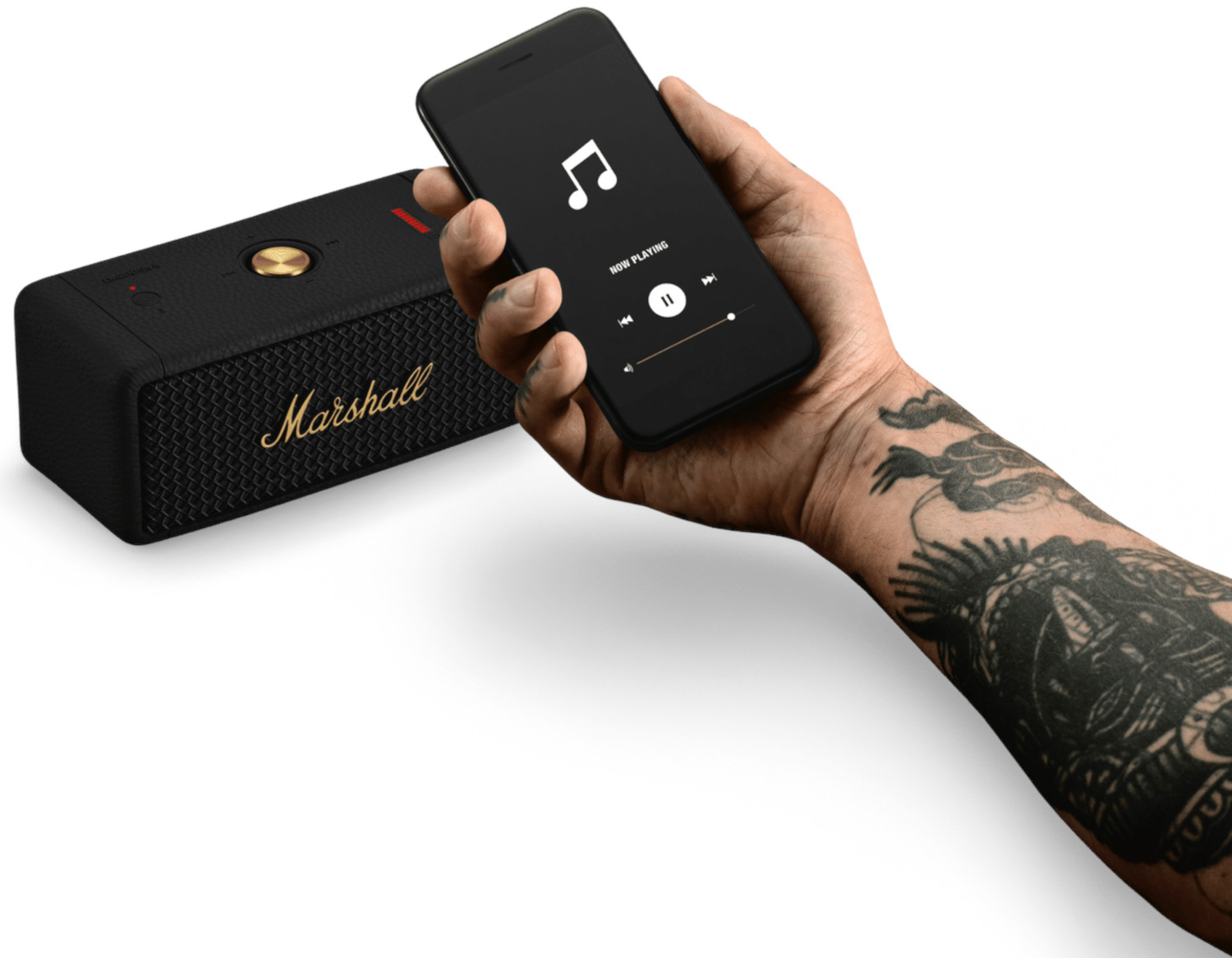 Black Marshall speaker and a phone displaying music controls. White background.