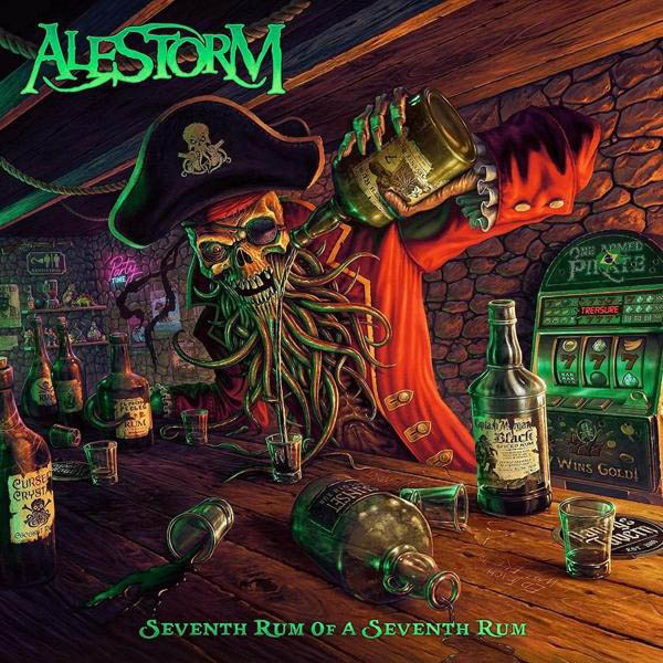 Albumcover mit Totenkopf-Pirat, der Rum einschenkt, Spielautomat und Flaschen auf Holztisch.
