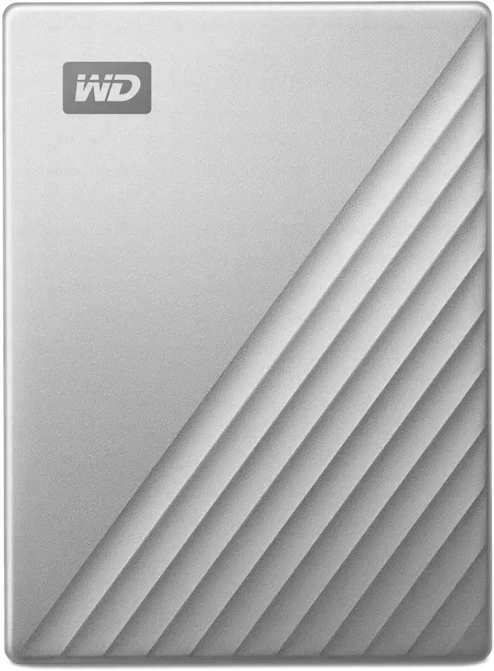Disque dur portable argenté WD My Passport, motif de lignes diagonales, fond blanc.