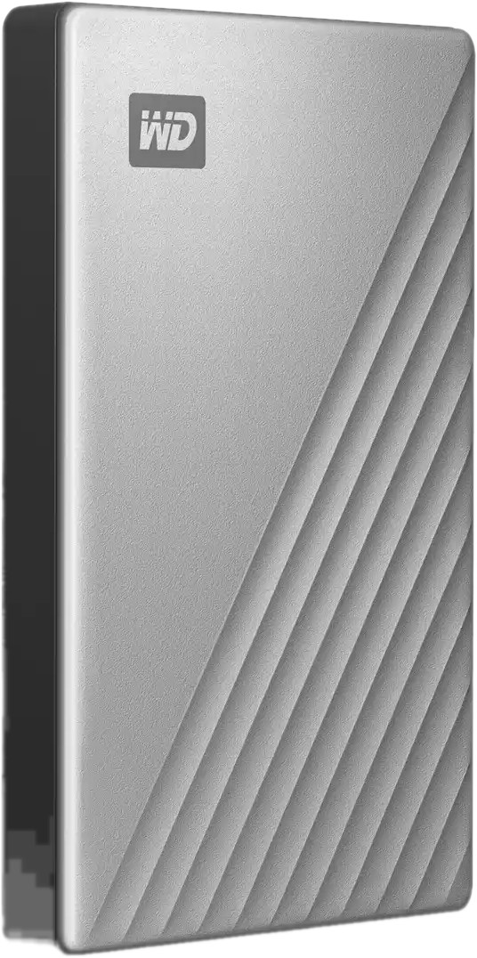 Un disque dur portable argenté avec un motif de rayures diagonales texturées sur sa surface.