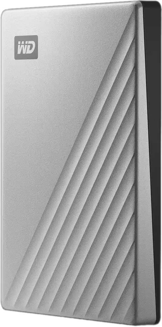 Un disque dur externe argenté avec des lignes diagonales sur le devant et un côté noir.