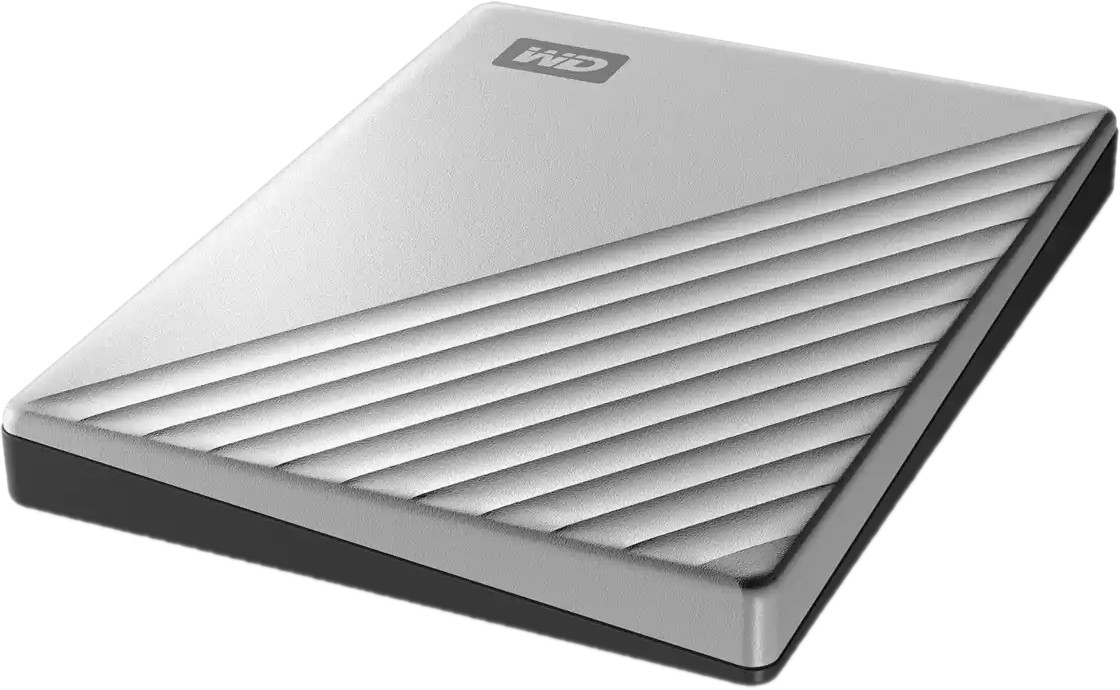 Disque dur externe argenté avec une surface texturée à rayures diagonales.