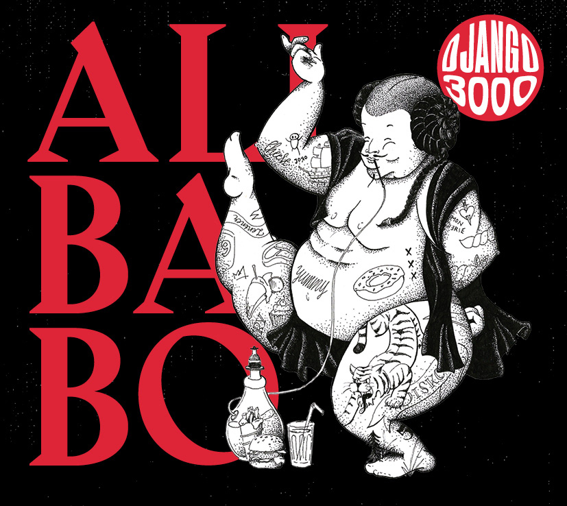 Alba Bo Albumcover. Cartoon-Mann mit Tattoos hört Musik, isst Essen, schwarzer Hintergrund.
