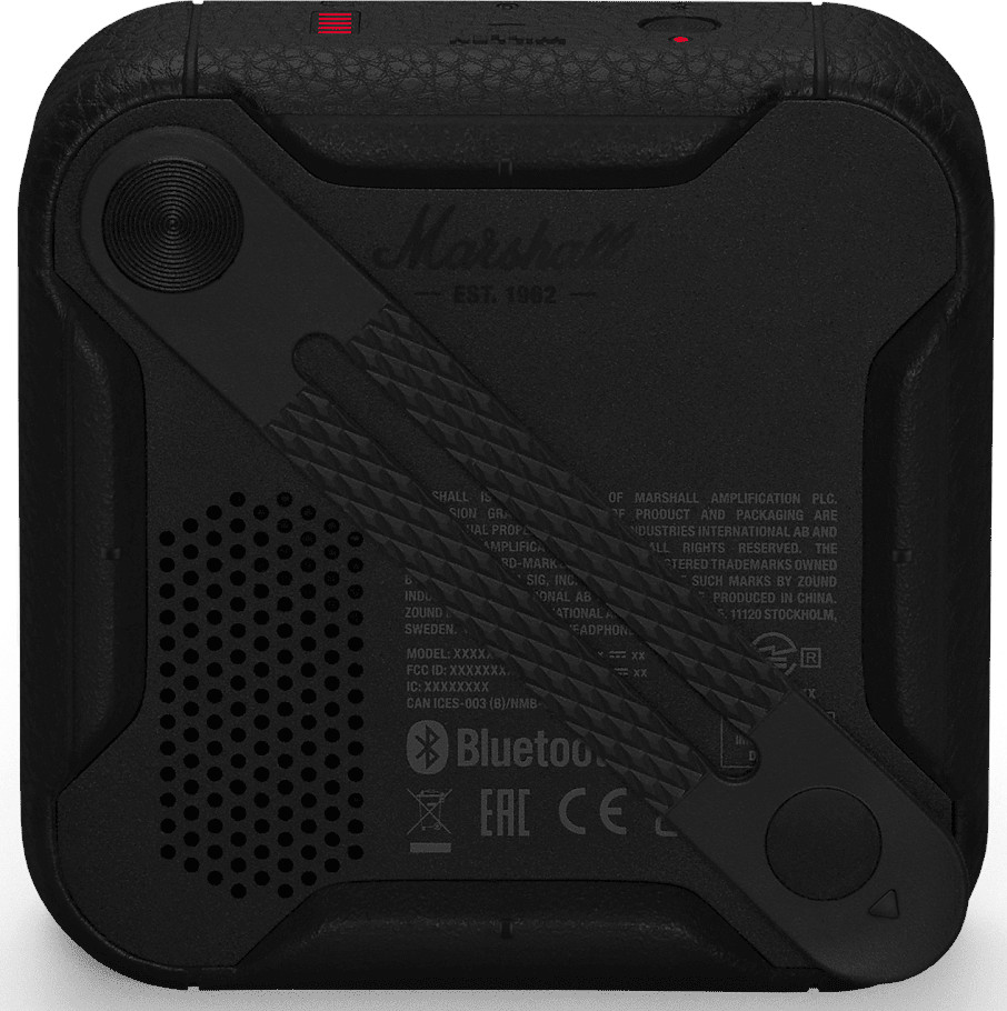 Achterkant van de Marshall-luidspreker. Zwart, met knoppen, serie- en modelinfo, en Bluetooth-logo.