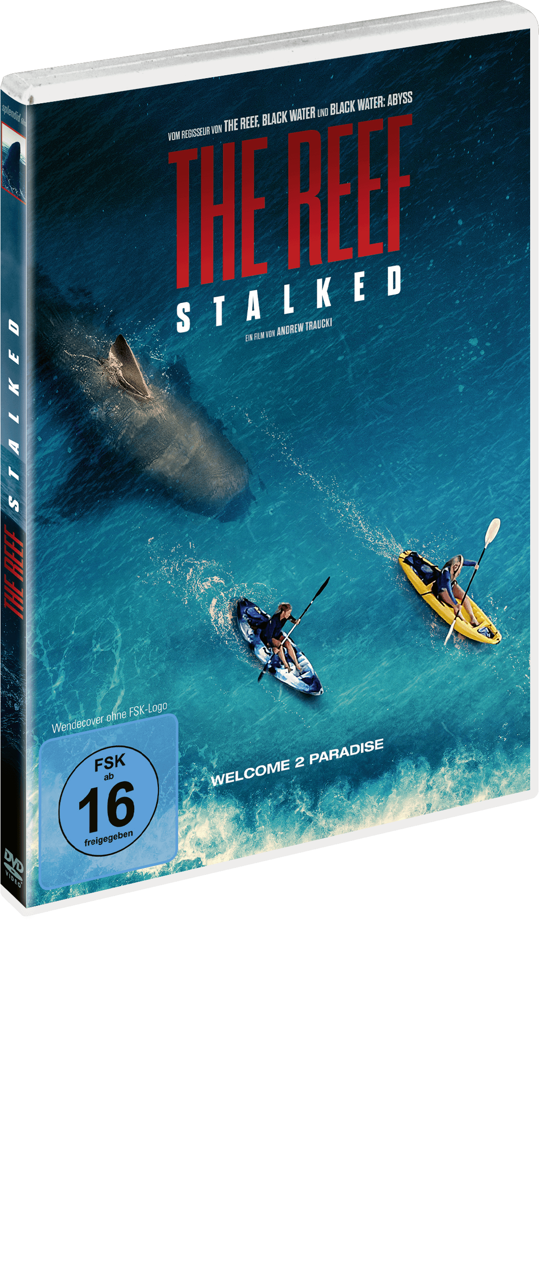 Film-DVD-Cover, 'The Reef: Stalked', mit Kajakfahrern im Wasser und einem Hai.