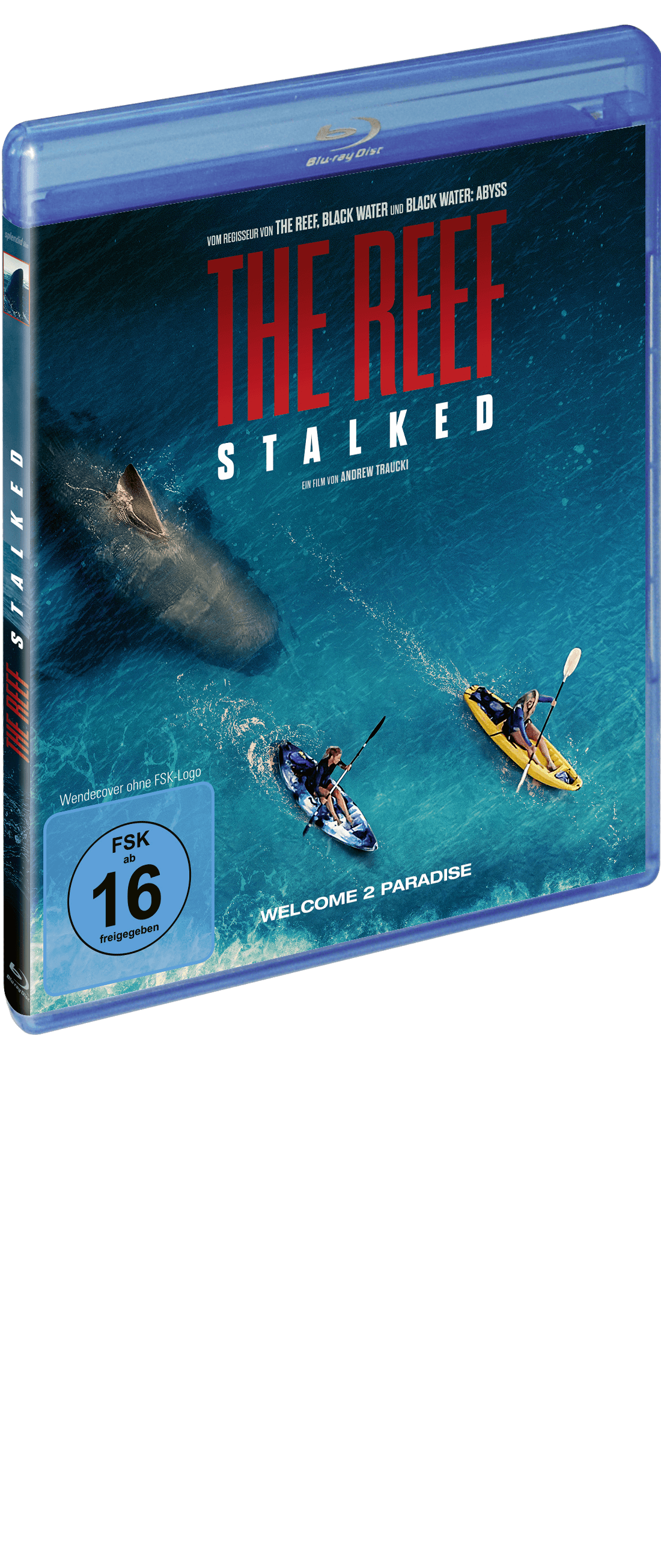 Blu-ray-Disc 'The Reef: Stalked'-Cover. Zeigt zwei Kajaks, Hai und Filmtitel.