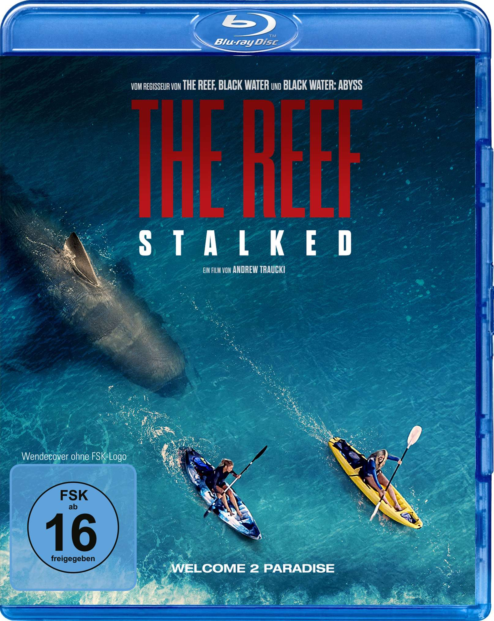 Blu-ray-Hülle mit Hai und zwei Personen in Kajaks auf dem Meer. Text: 'The Reef Stalked'.