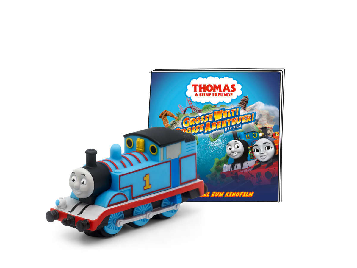 Thomas die kleine Lokomotive Spielzeug und DVD-Hülle. Blauer Zug und DVD-Cover.