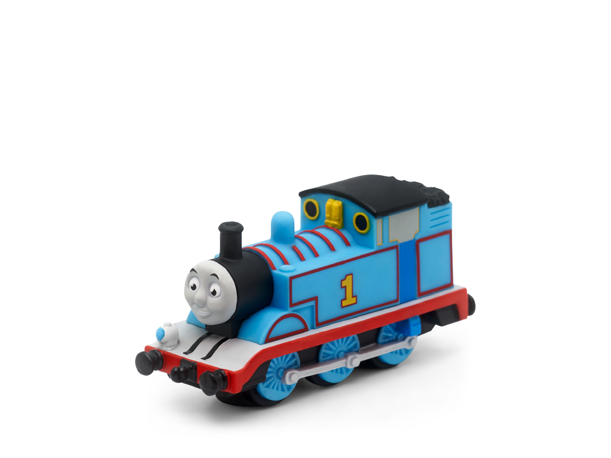 Ein blauer Thomas die Lokomotive Spielzeugzug mit schwarzem Dach, weißem Gesicht und der Nummer 1.
