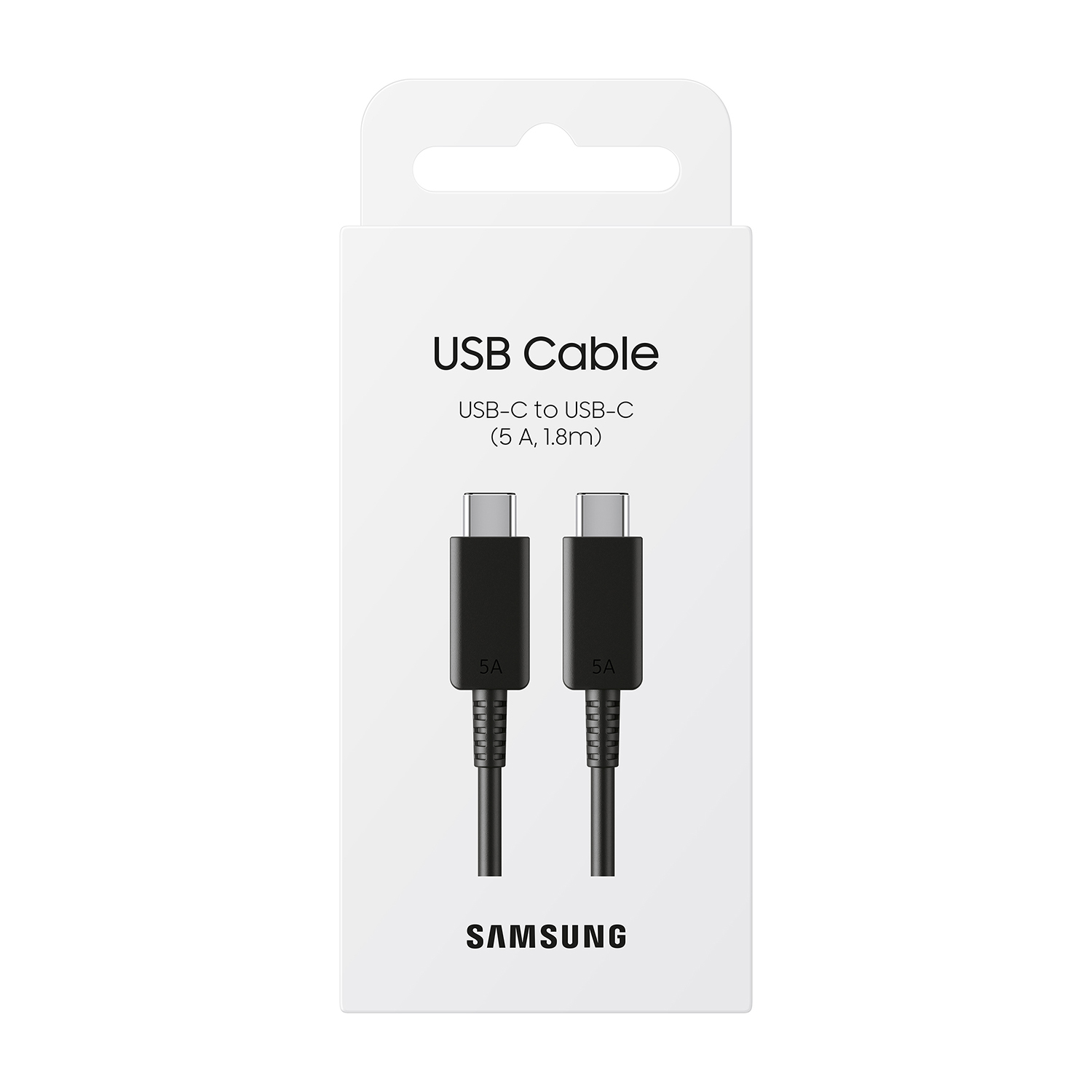 Scatola bianca con cavo USB-C a USB-C nero all'interno. Marchio Samsung sulla scatola.