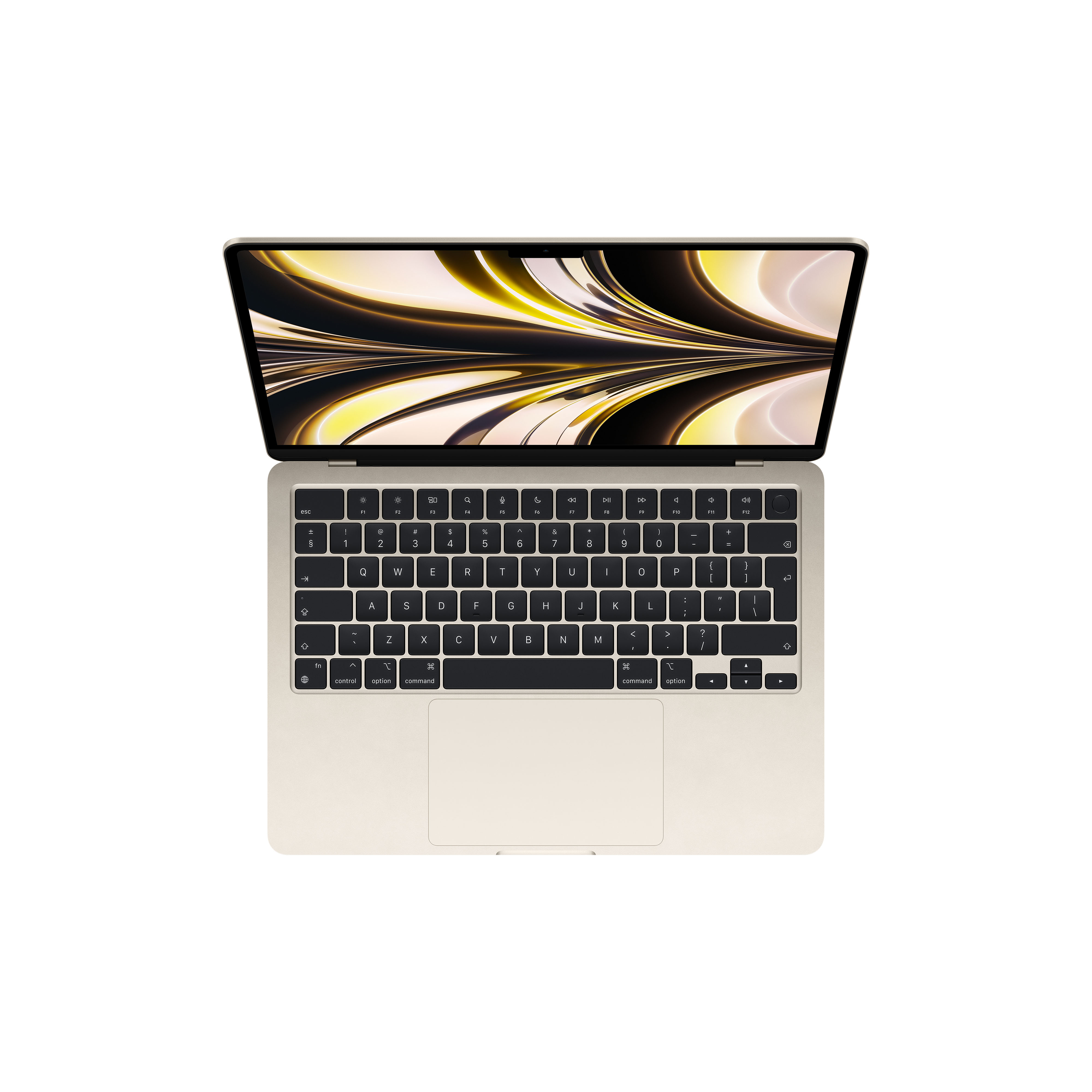 Laptop mit geöffnetem Bildschirm, Tastatur sichtbar. Beige Farbe, weißer Hintergrund.