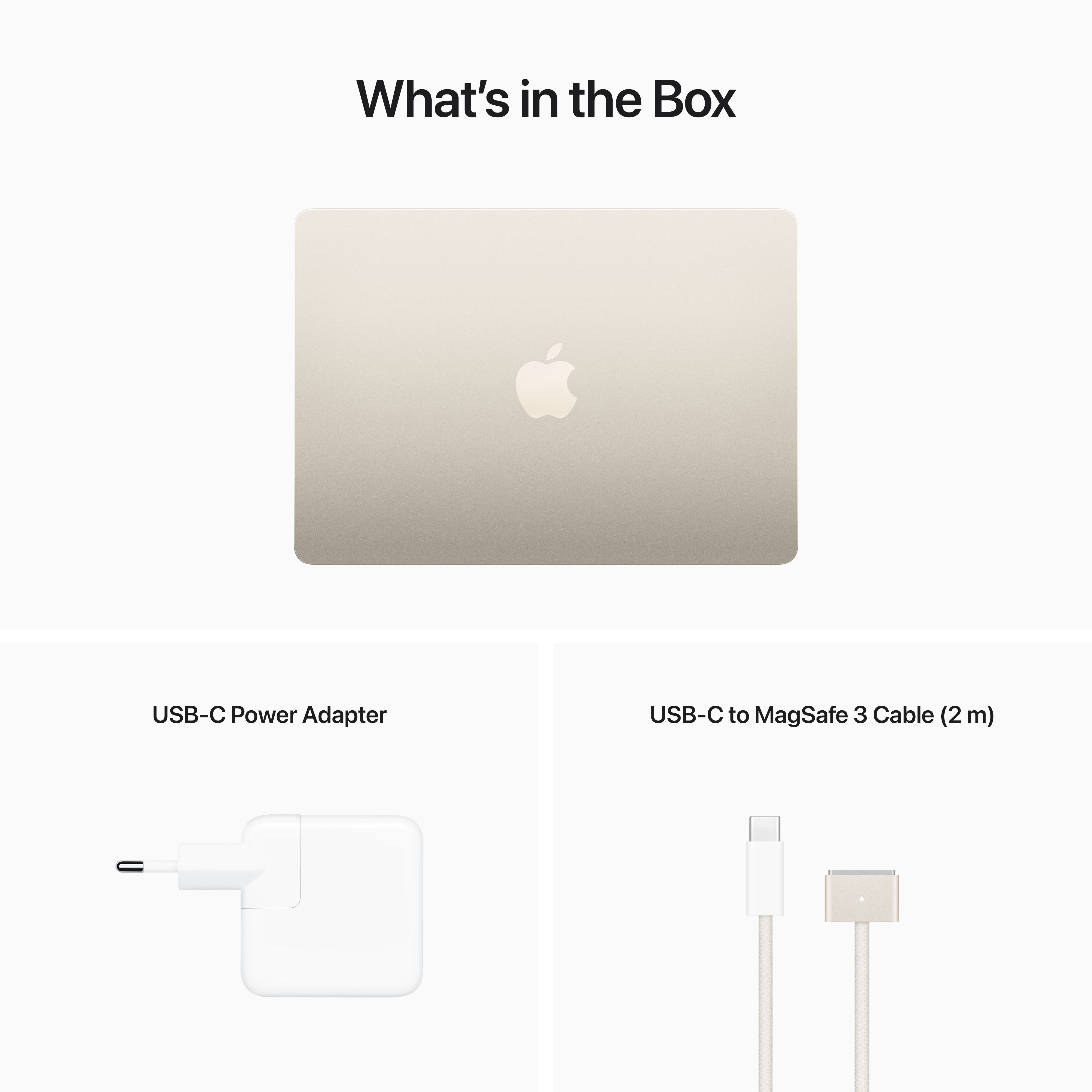 Laptop und Zubehör in einer Box. USB-C-Netzteil und USB-C-Kabel.