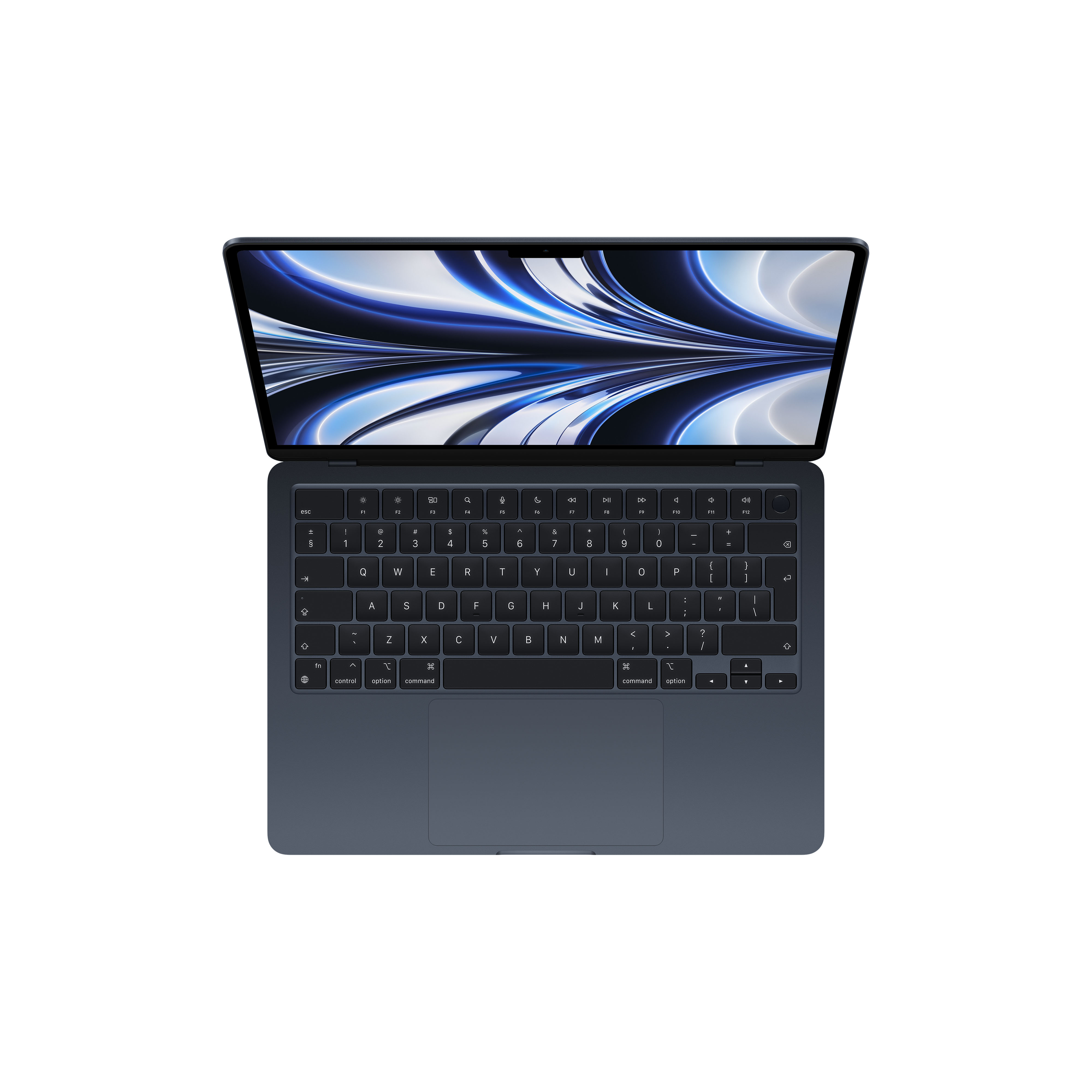 Draufsicht auf einen dunkelblauen Laptop mit offenem Bildschirm, der ein farbenfrohes Bild zeigt.