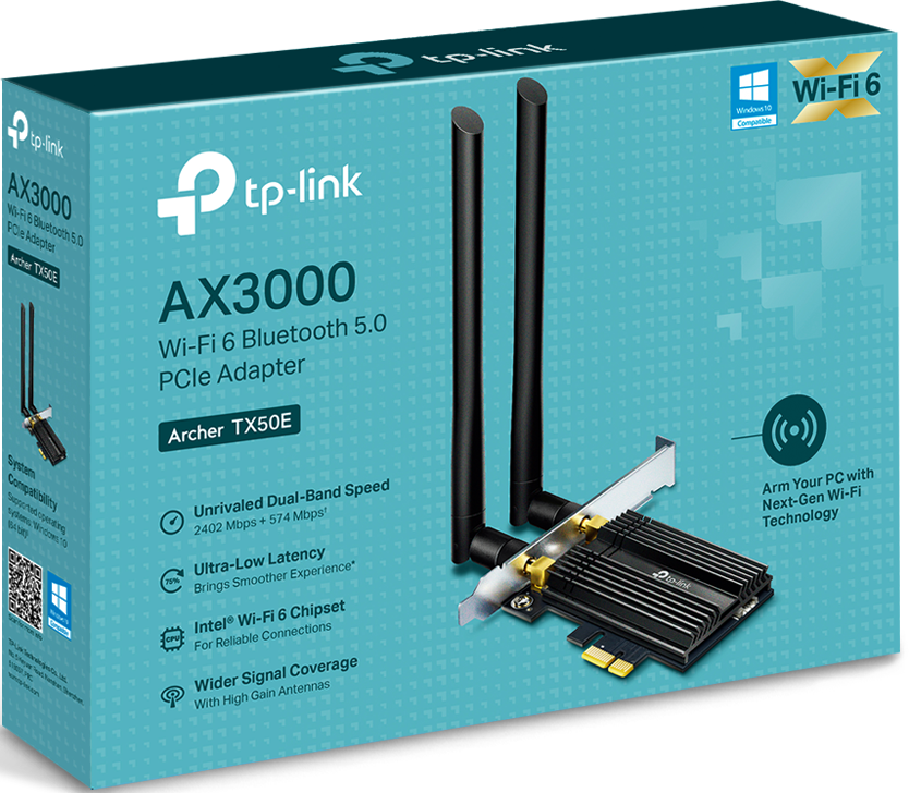 Un adaptateur PCIe Wi-Fi 6 TP-Link dans une boîte, avec des antennes.