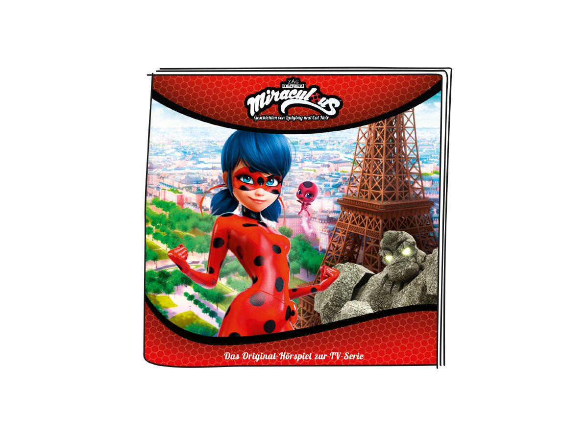 Miraculous DVD-Cover mit Ladybug, Eiffelturm und Steinmonster auf rotem Hintergrund.