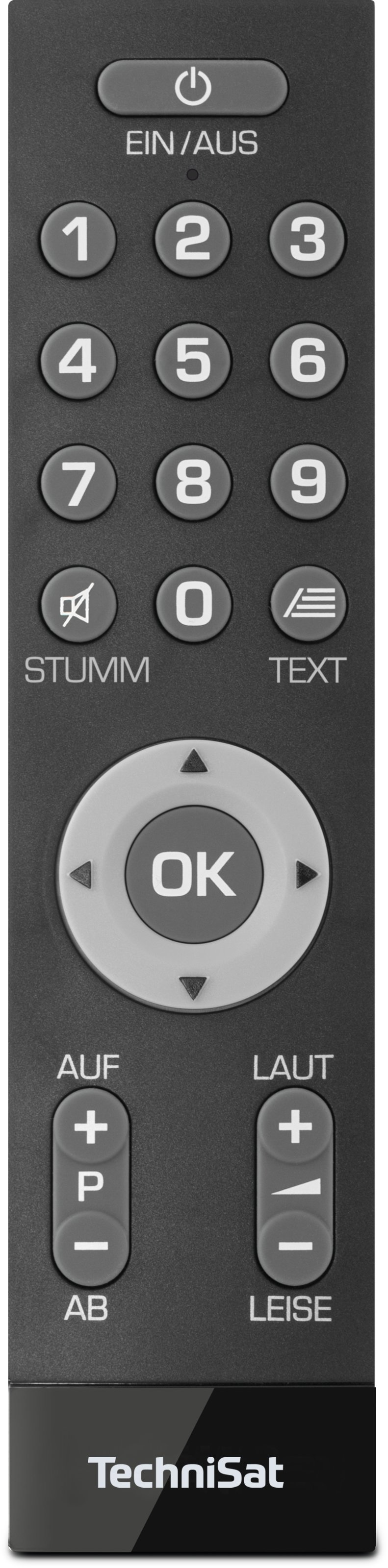Schwarze TV-Fernbedienung mit Tasten für Strom, Zahlen, Lautstärke, Stummschaltung und Navigation.