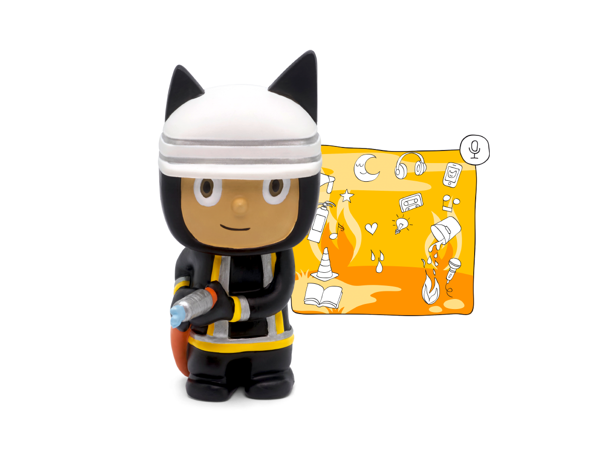 Feuerwehrmann-Figur mit cartoonartigem Gesicht, mit Bildschirm dahinter.
