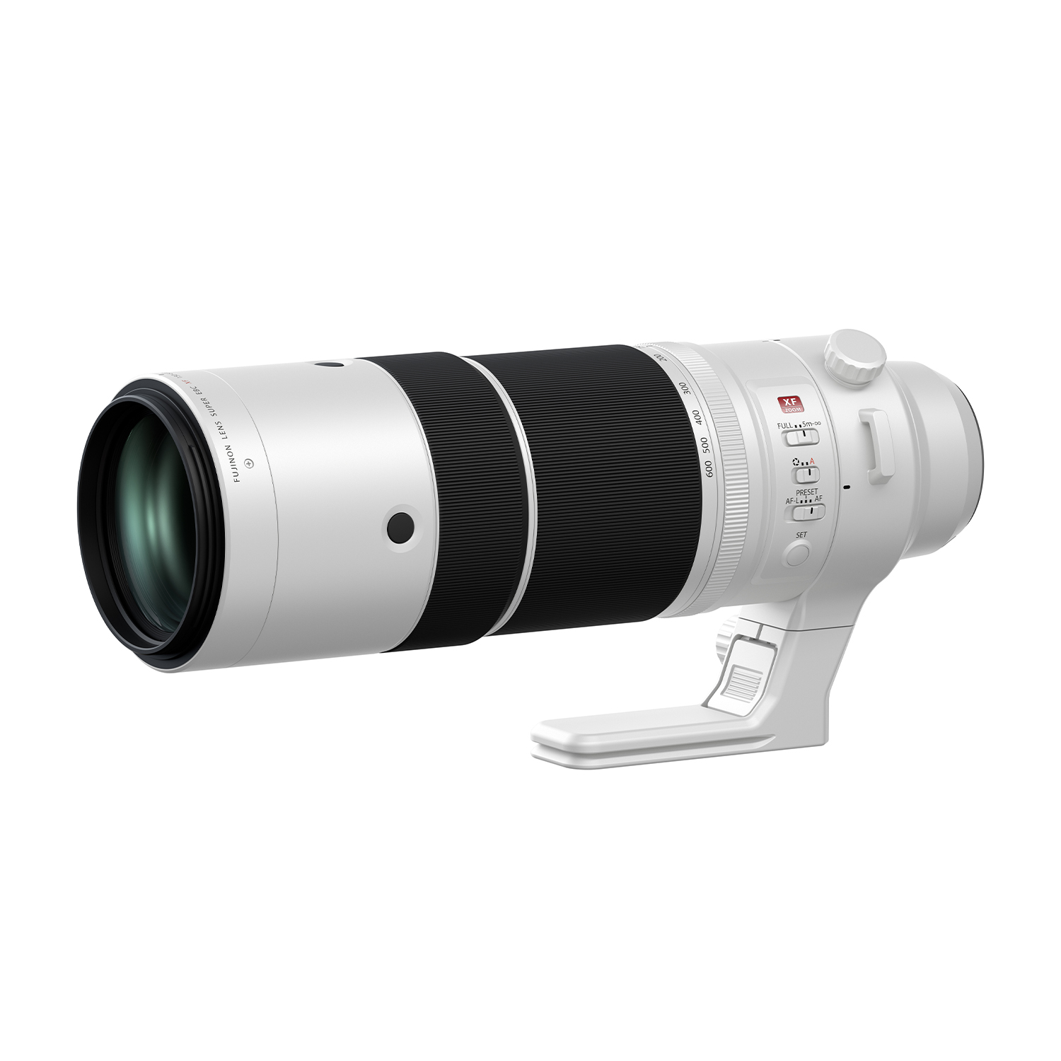Obiettivo della fotocamera bianco con dettagli neri e tappo, su superficie bianca.