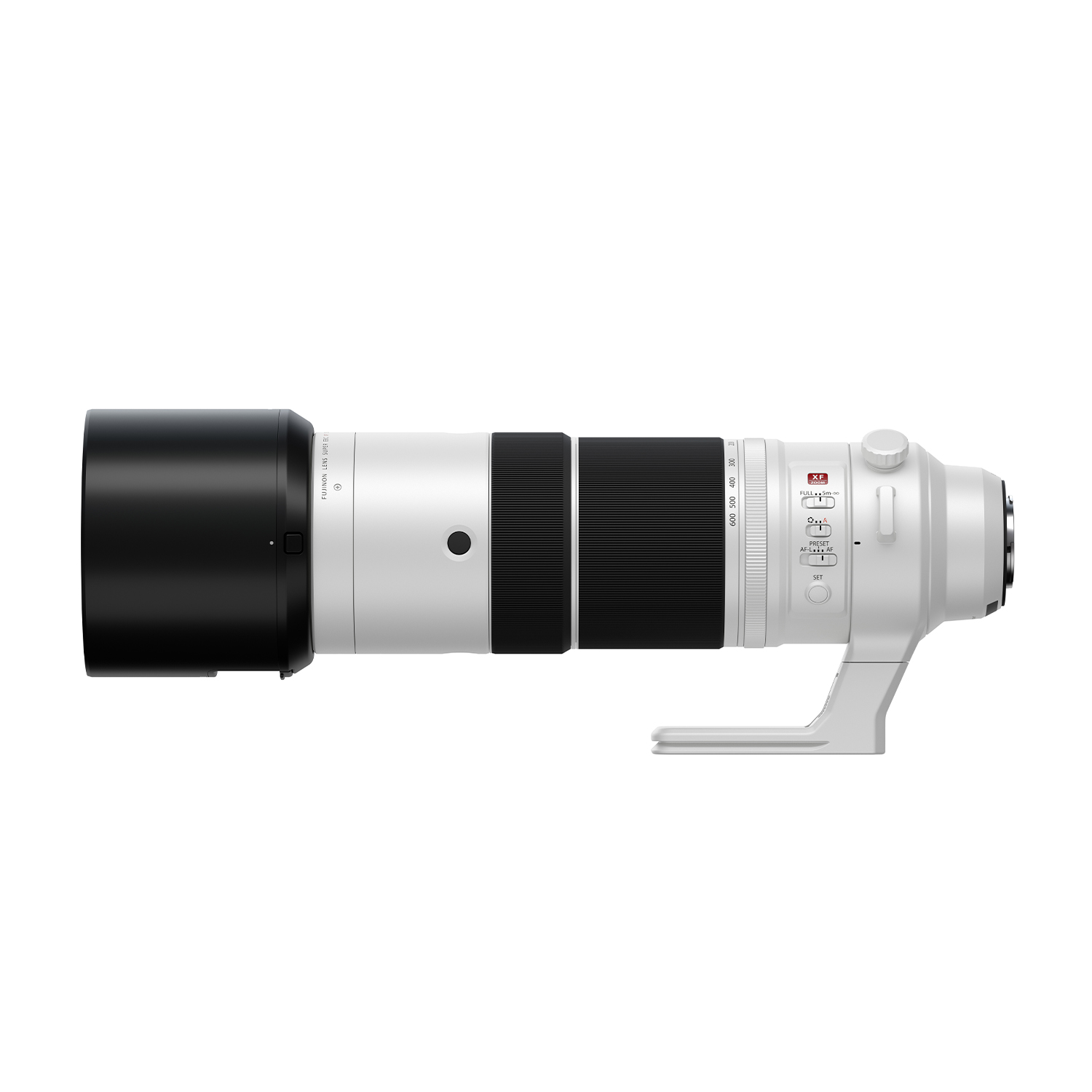 Un obiettivo di una fotocamera bianco con un paraluce nero e un attacco obiettivo bianco.