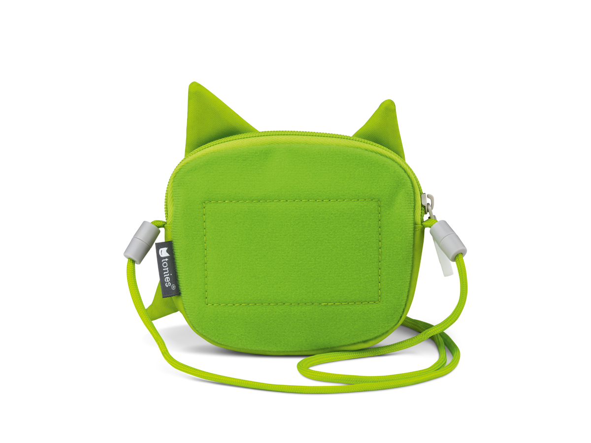 Grüne, katzenförmige Tasche mit Kordelriemen. Eine Reißverschlusstasche mit Katzenohren.
