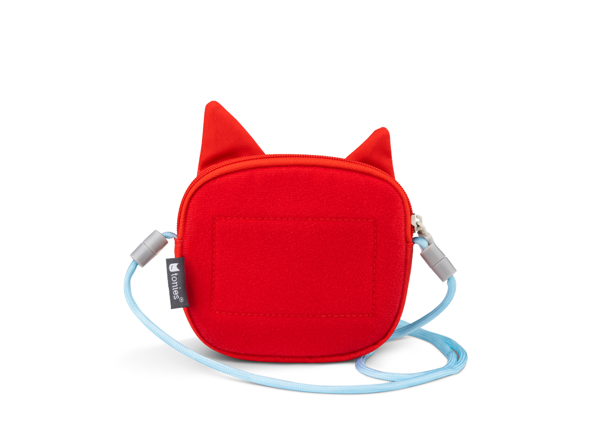 Rote katzenförmige Tasche mit blauem Riemen. Reißverschluss und kleines Etikett.