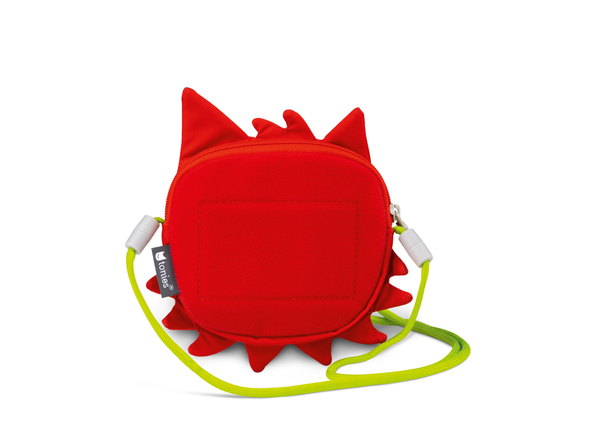 Eine rote, drachenförmige Tasche mit Reißverschluss, grünem Riemen und kleiner Tasche hinten.