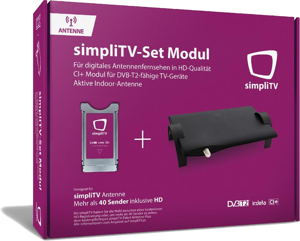 Box von simpliTV-Set, mit Karte und Antenne. Lila Box, weißer Hintergrund.