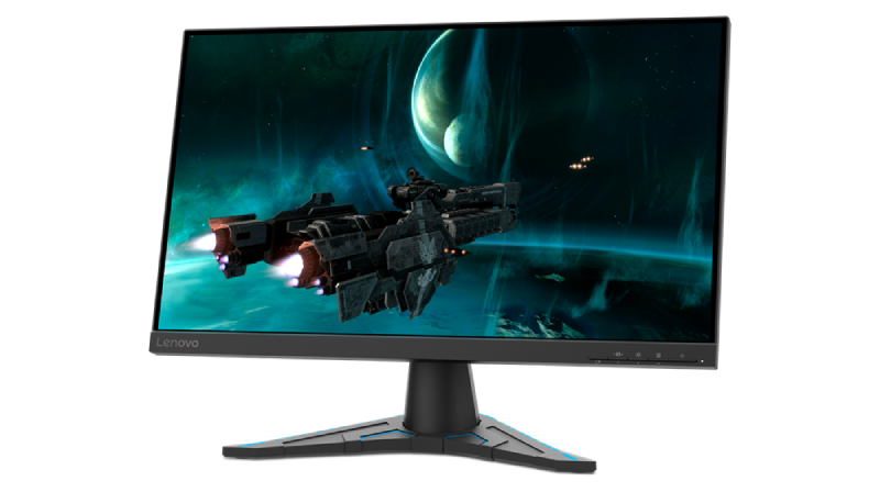 Un monitor de juegos que muestra una batalla de naves espaciales en el espacio. El monitor está sobre una base negra.