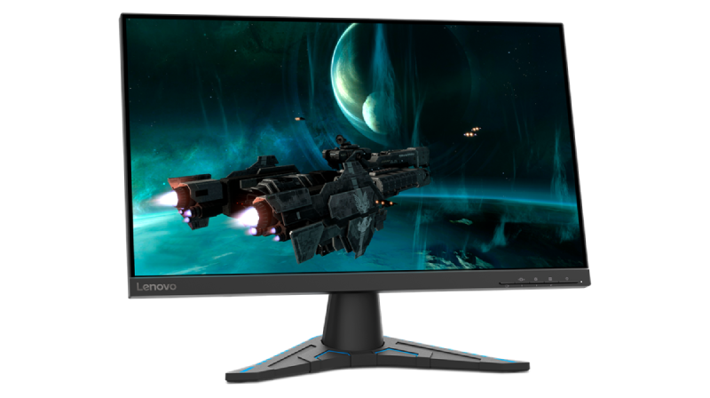 El monitor Lenovo muestra una escena de batalla espacial con una nave.