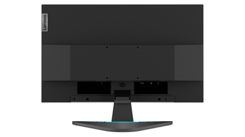 Parte trasera de un monitor Lenovo negro mostrando puertos y soporte con luz azul.