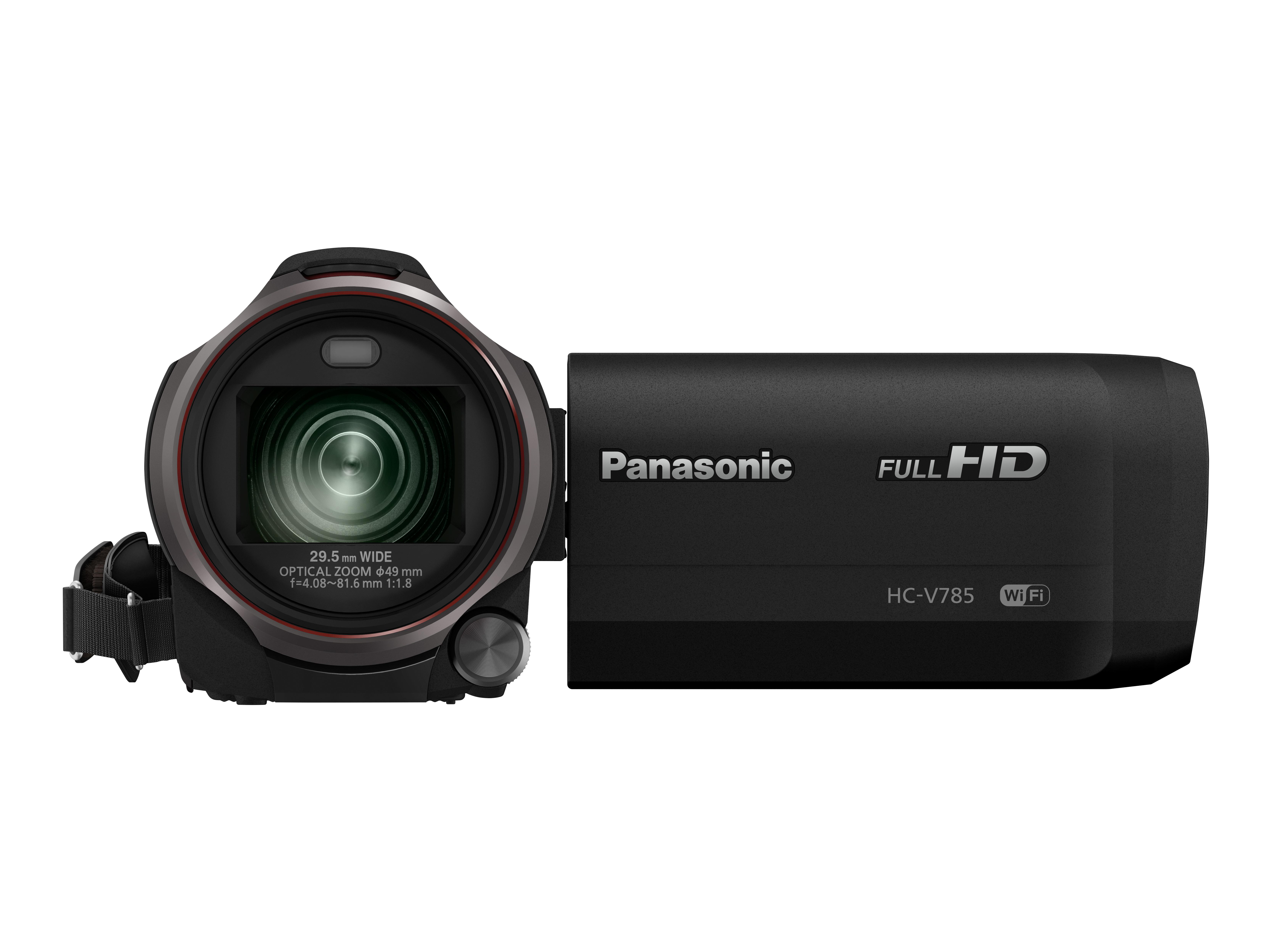 Ein schwarzer Panasonic Full HD Camcorder auf weißem Hintergrund. Er hat ein Objektiv und einen ausklappbaren Bildschirm. Der Name ist sichtbar.