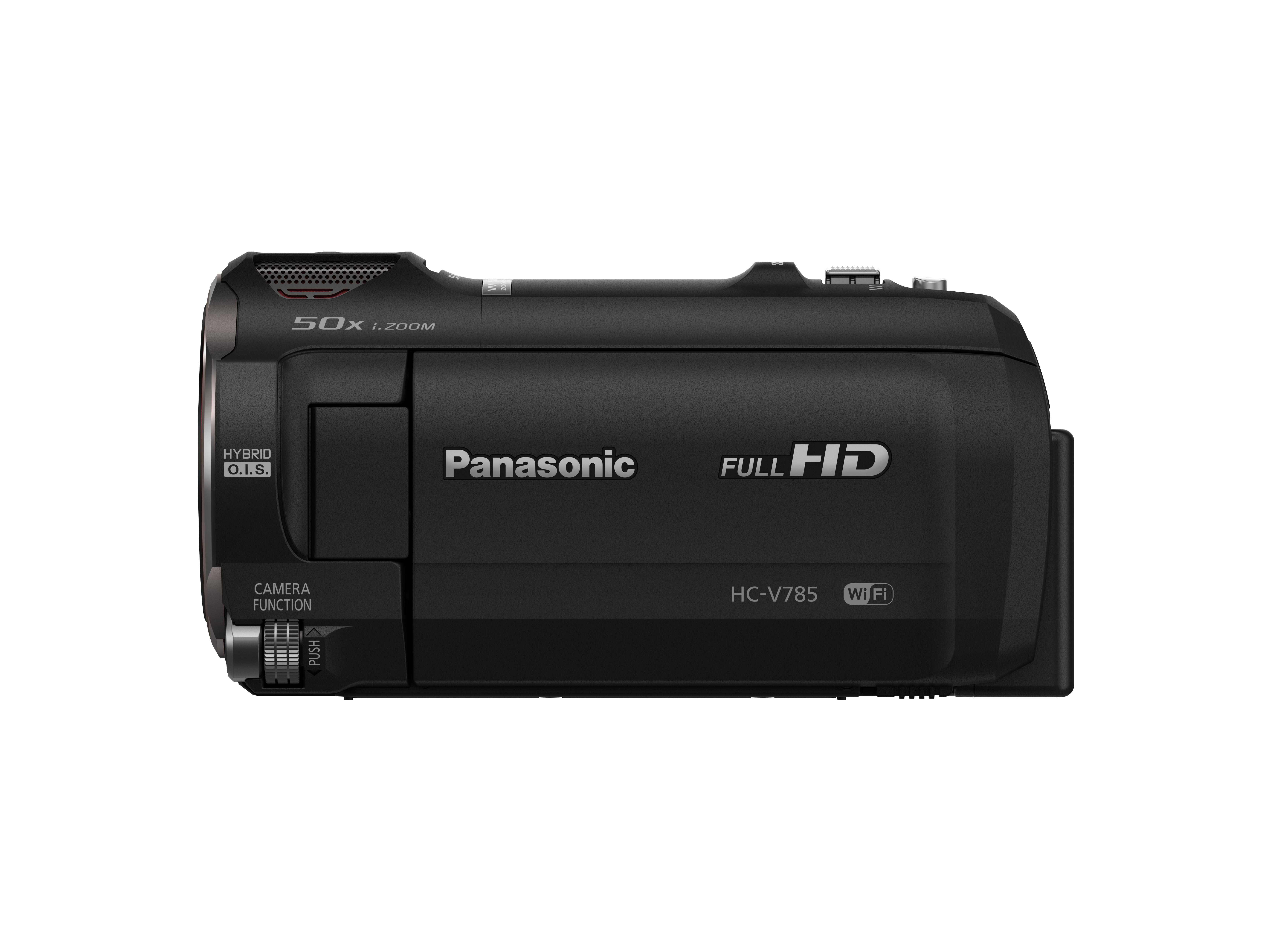 Schwarze Panasonic Videokamera. Sie hat 50x i.zoom, HC-V785. Kamerafunktion sichtbar.